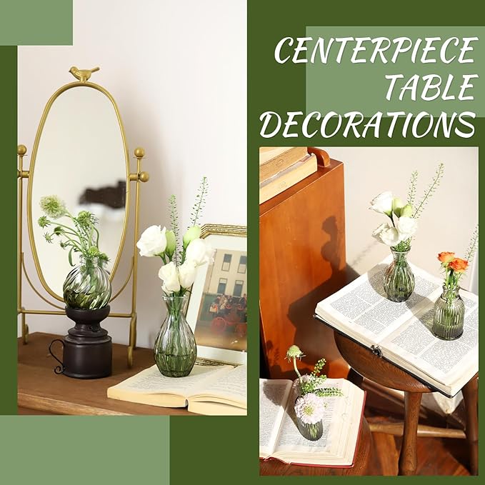 Green Bud Vases Set of 12, Green Glass Vase for Decor, Small Vases for Flowers Ribbed Flower Vase Stripe Bud Vases in Bulk Wedding Birthday Bridal Shower Centerpieces Home Table Decoration