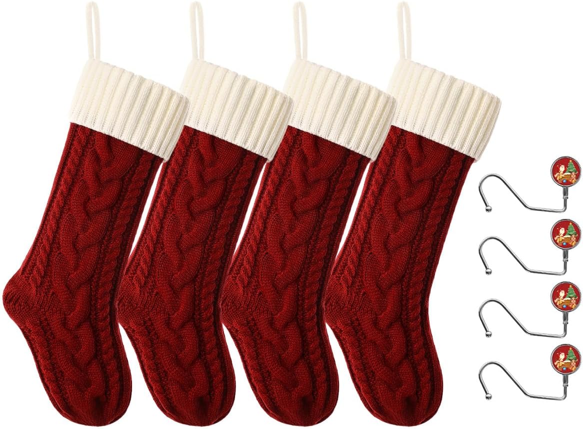 Christmas Stockings 18 Inches Classic Cable Knitted Set Large Classic Fireplace Hanging Stockings for Kids,Family Stocking Holiday Party Xmas Decoration(Red White,4Pack)