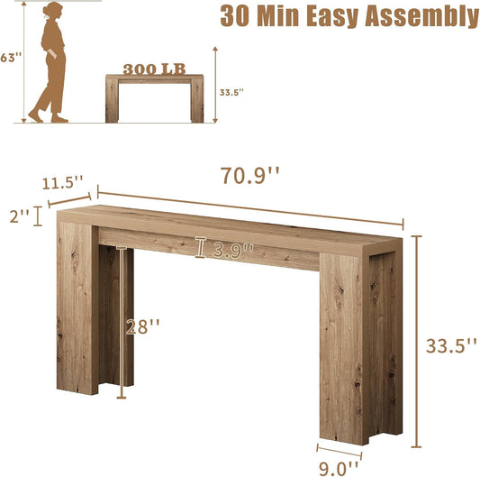 karlott 70.9" Extra Long Console Table, Farmhouse Entryway Table, Brown | Thickened Base Wooden Sofa Table, Behind Couch Table, Farmhouse Accent Table, Suitable for Hallway, Entrance and Living Room