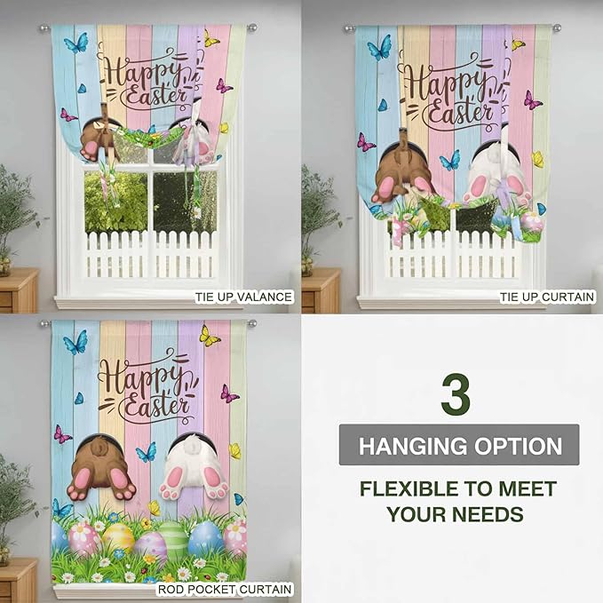 Tie Up Curtains,Happy Easter Rabbit Butt Egg on Daisy Leaf Adjustable Rod Pocket Window Shade Curtain Drape Bufferfly on Wood Barn Tie-Up Valance for Kitchen Bedroom Living Room Windows,46"x63"