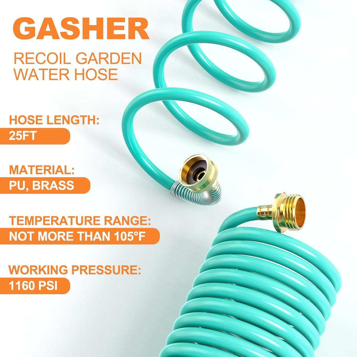 GASHER 25FT PU Recoil Garden Water Hose with 3/4"Inch Brass Fittings Retractable, Swivel Female for Boating, Pool & Spa, RV, Home and Garden(Blue)