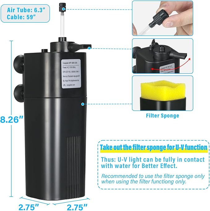 Aquarium U-V Filter for 10-40 gal, 132 GPH Swirl Turbo Design Submersible Internal Turtle Fish Tank Filter w/Timer, Quiet Power Pump Air Supply Green Clean Machine Saltwater Freshwater Green Killing