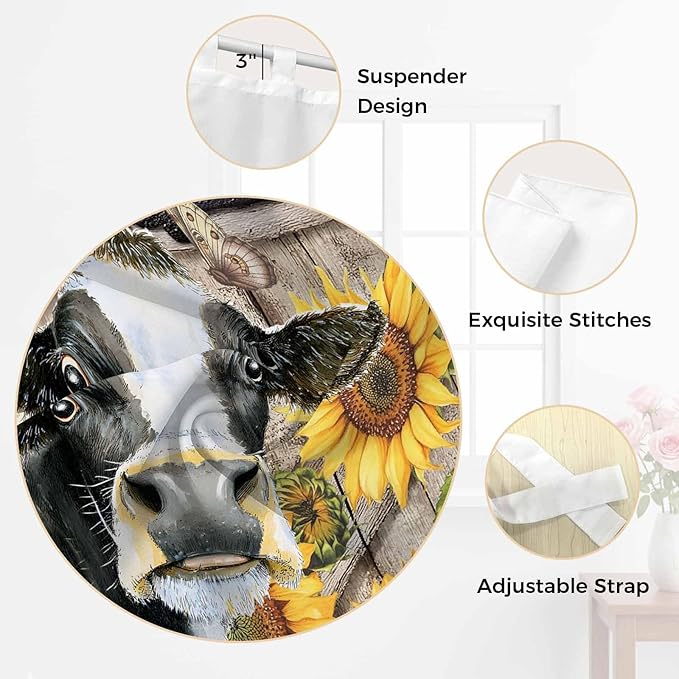 Retro Farmhouse Flower Living Room Curtains 84 Inch Length, Window Curtains Tab Top, Yellow Sunflowers Cow Barn Doors Brown Light Filtering Window Treatments Drapes 52"x84" 2 Panel