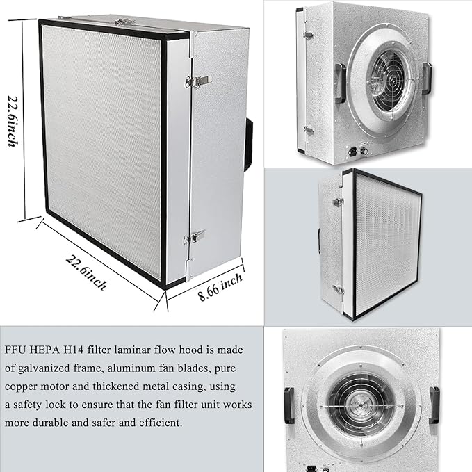 FFU HEPA H14-Filter Laminar Flow Hood Updated FanFilter Unit(Include HEPA Filter)100/ISO Class 5 Cleanroom/Laboratory/Cleanroom/Mushroom Room, Laminar Air Flow Hood(22.6"x22.6"110V)