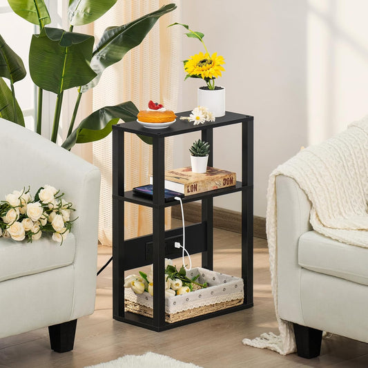 YUFAM 3-Tier Narrow Bedside Table Set 2 for Small Spaces, Skinny Nightstand | Thin Side Table with Charging Station, Slim End Table with USB & Outlets, Easy Assembly for Couch, Living Room, Bedroom,Black
