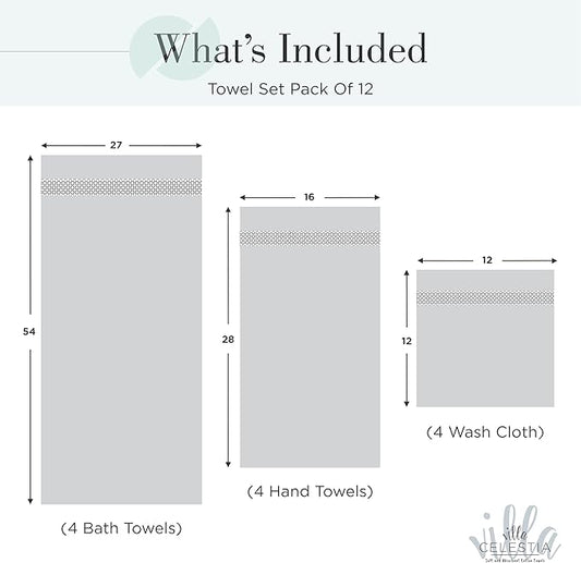 100% Cotton Bath Towel Set of 12-4 Bath Towels, 4 Hand Towels, 4 Wash Cloths, Sustainable, Soft, Highly Absorbent, Combed Cotton 12 Piece Set for Hotels, Spa, Bathroom, Dorm, Teal