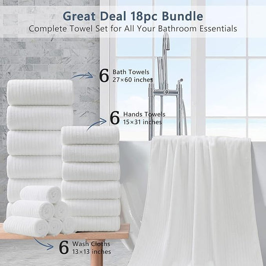 18 Piece Bath Towels Set,Ultra Soft Family Bathroom Towel Set with Hanging Loops-6 Bath Towels,6 Hand Towels,6 Washcloths,Highly Absorbent Quick Dry Shower Towel for Bathroom,Hotel,Spa-White Towel Set