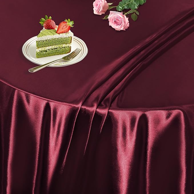 KKJIAF 1 Pack Round Table Cloths 90 Inch, Burgundy Overlay Round Satin Table Cover, Silky Satin Dining Tablecloths for Wedding Buffet Parties Banquet Decoration