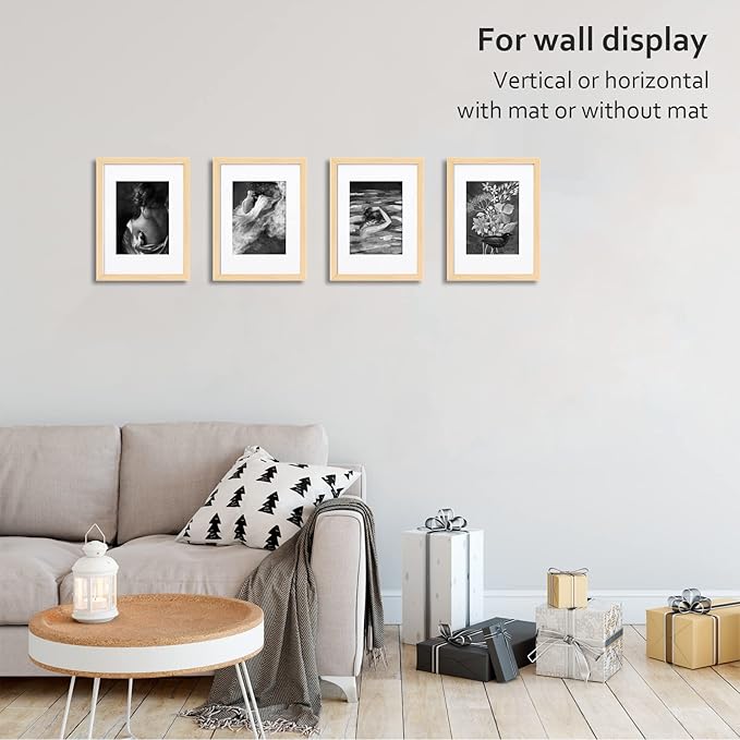 KINLINK 9x12 Picture Frames Natural, Solid Wood Frames with Acrylic Plexiglass for Pictures 5x7/6x8 with Mat or 9x12 without Mat, Tabletop and Wall Mounting Display, Set of 4