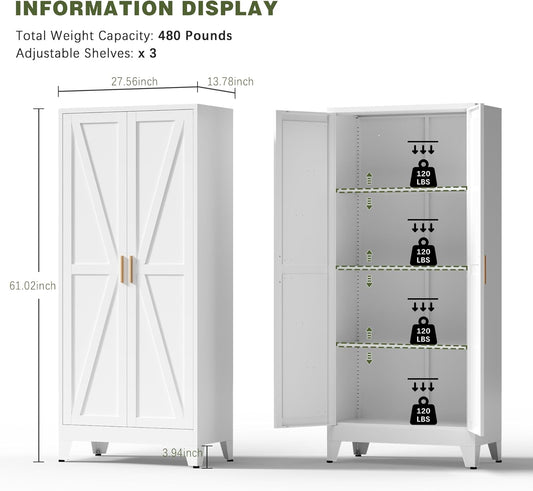 COFaR White Farmhouse Storage Kitchen Pantry Cabinet with 2 Barn Door, 3 Adjustable Shelves and Legs, for Cupboard/Dining Room/Bathroom/Living Room/Office/Laundry Room (White, 61" Farmhouse)