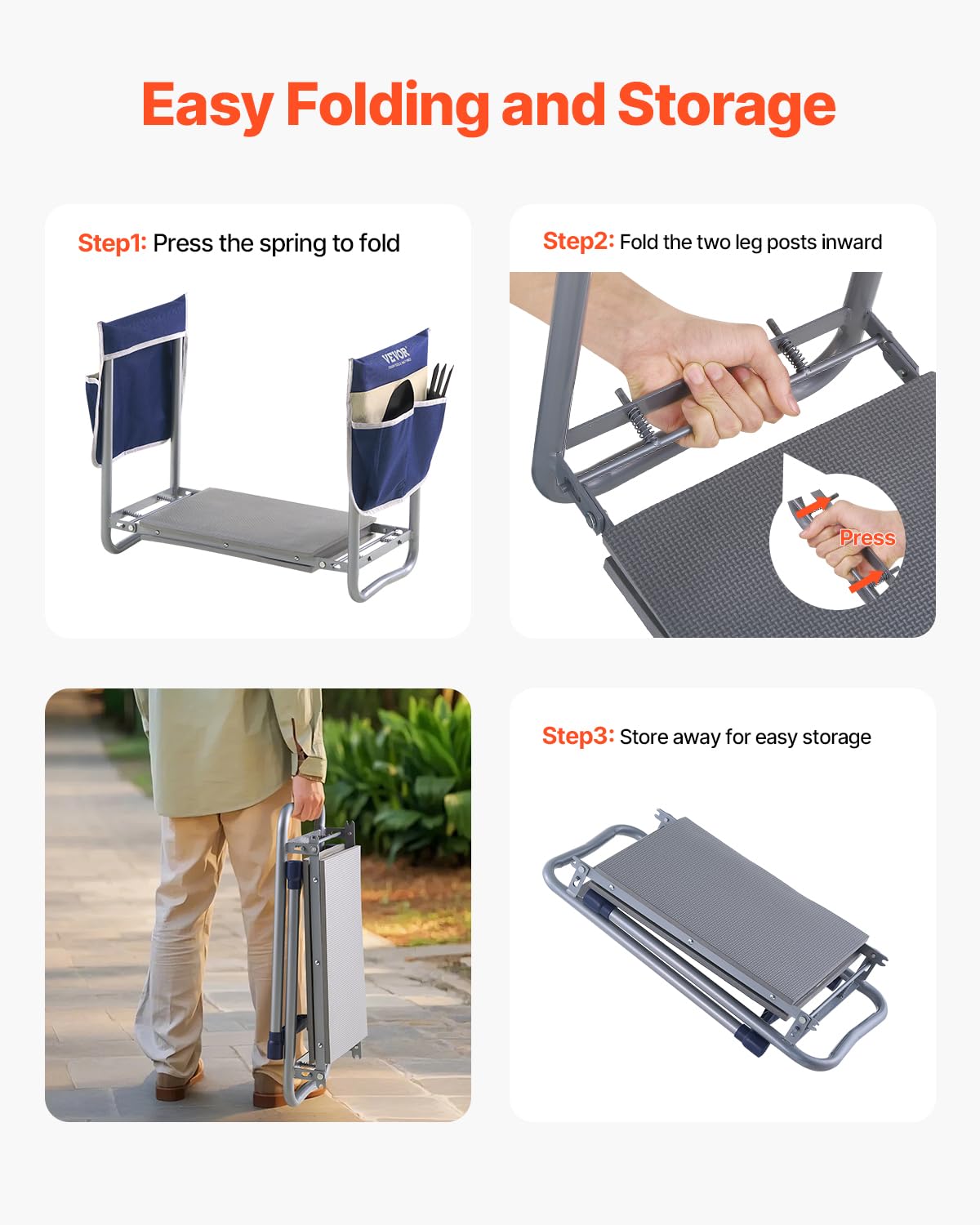 VEVOR Garden Kneeler and Seat Heavy Duty, Portable Garden Stool with 11'' EVA Kneeling Pad and 2 Tool Bags, Folding Garden Bench to Relieve Knee & Back Pain, Great Gifts for Seniors, Family Gardeners