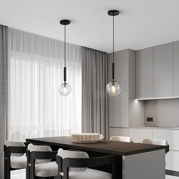 Modern Black Pendant Light Hanging Fixture Light for Kitchen Island Mid Century with Globe Pendant Light Clear Glass Pendant Lighting for Living Room Bedroom Entryway (3 Pack)