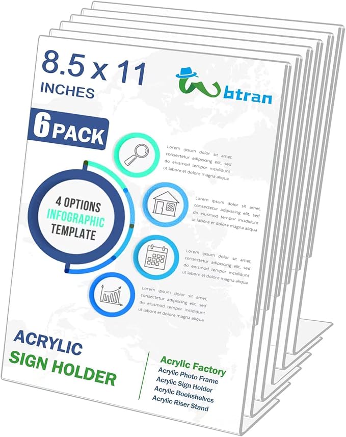 Acrylic Sign Holder 8.5 x 11, 6 Pack Slanted Back Sign Holders for Display, Clear Tabletop Plastic Paper Sign Holder for Office, Home, Restaurant