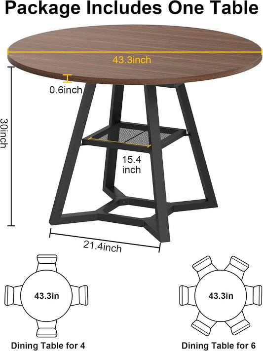 knoworld Round Dining Table for 4, Kitchen Tables Dining Room Circle Dinner Table with Pedestal Metal Frame, Space Saving Wood Industrial Kitchen & Dining Room Tables, Walnut 43In
