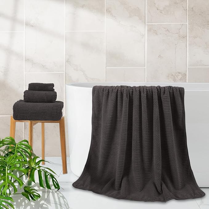 8 Piece Oversized Bath Towels Set Black Brown,2 Extra Large Bath Towel Sheets,2 Hand Towels and 4 Washcloths 600 GSM Highly Absorbent Quick Dry Towels Set for Bathroom Hotel
