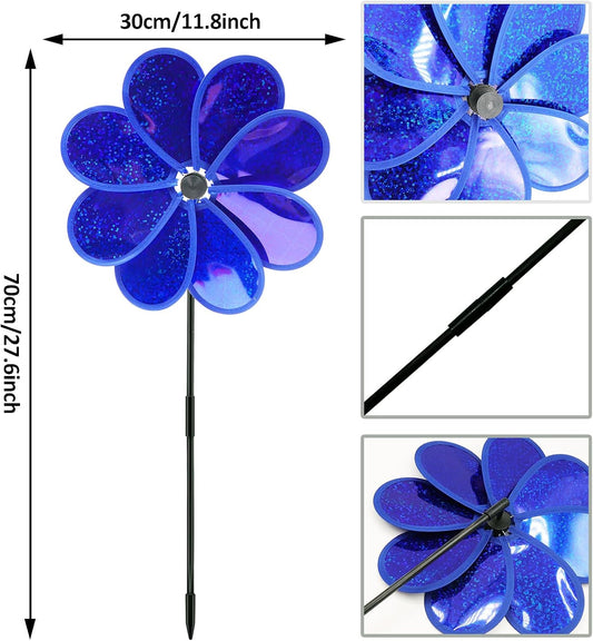 4PCS Flower Wind Spinner Sparkly Lawn Pinwheel 11.8 inch Dark Blue Garden Windmill for 4th of July, Garden, Party, Outdoor, Yard Decor