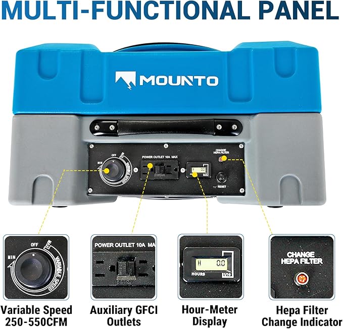 MOUNTO 550cfm Hepa Air Scrubber Industrial Air Cleaner- 550cfm Portable Air Purifier w/Variable Speed, Dual Outlet for Fire/Water Damage Restoration, Construction & Painting, Janitorial (Blue)