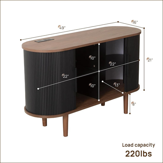 47" Modern Buffet Cabinet with Charging Station, Mid-Century Fluted Sideboard Table, Rounded Console with Storage & USB/Type-C Ports for Dining Room Kitchen Coffee Bar, Black