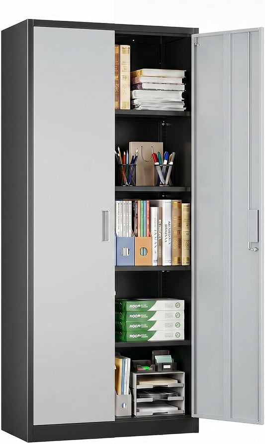 71-Inch Lockable Metal Storage Cabinet, Black and Gray | 15.75"D x 31.50"W x 70.87"H; 4 adjustable shelves; 120 lb per shelf; lock with 2 keys; assembly required.