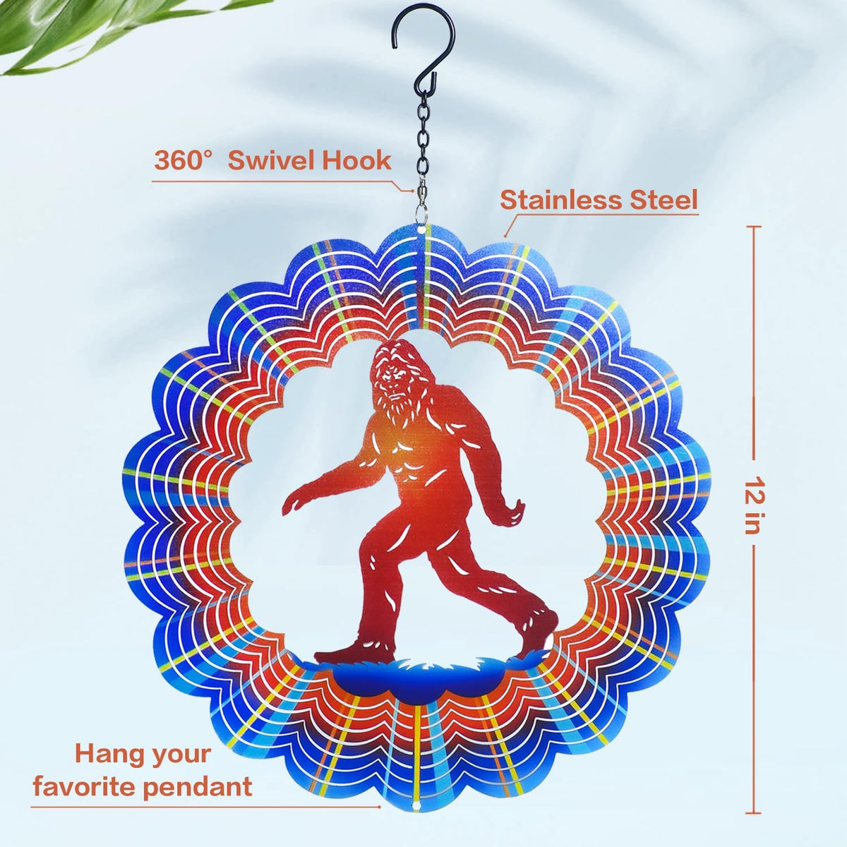 Bigfoot Wind Spinners Big Foot Sasquatch Gifts for Women/Men 12 inch 3D Stainless Steel Hanging Wind Spinner Metal Wind Catchers Kinetic Sculpture for Indoor/Outdoor Decor, Yard Art, Garden Decoration