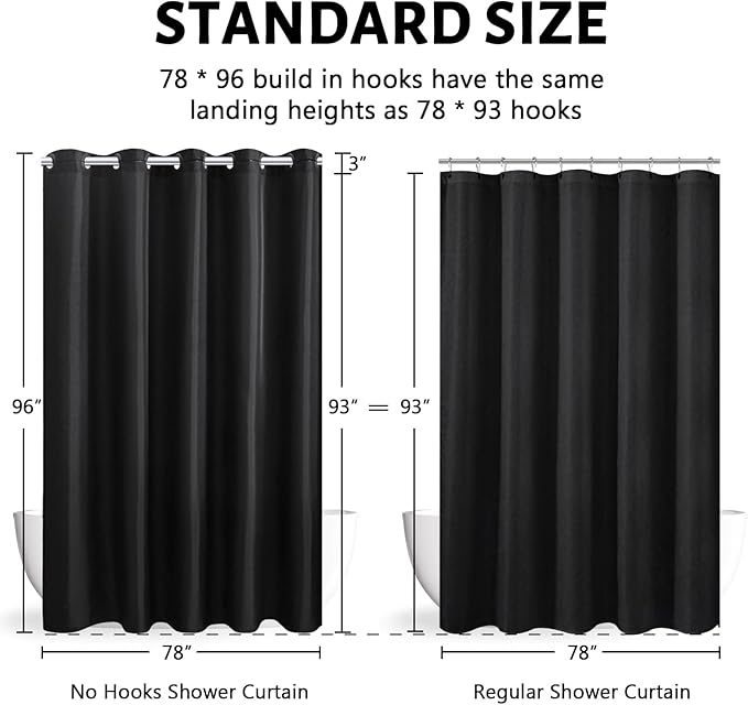 Furlinic No Hook Extra Long Shower Curtain 96 Length,Polyester Cloth Fabric Bathroom Curtain with 10 Built-in Grommets,Waterproof & Machine Washable,78 x 96 Inch