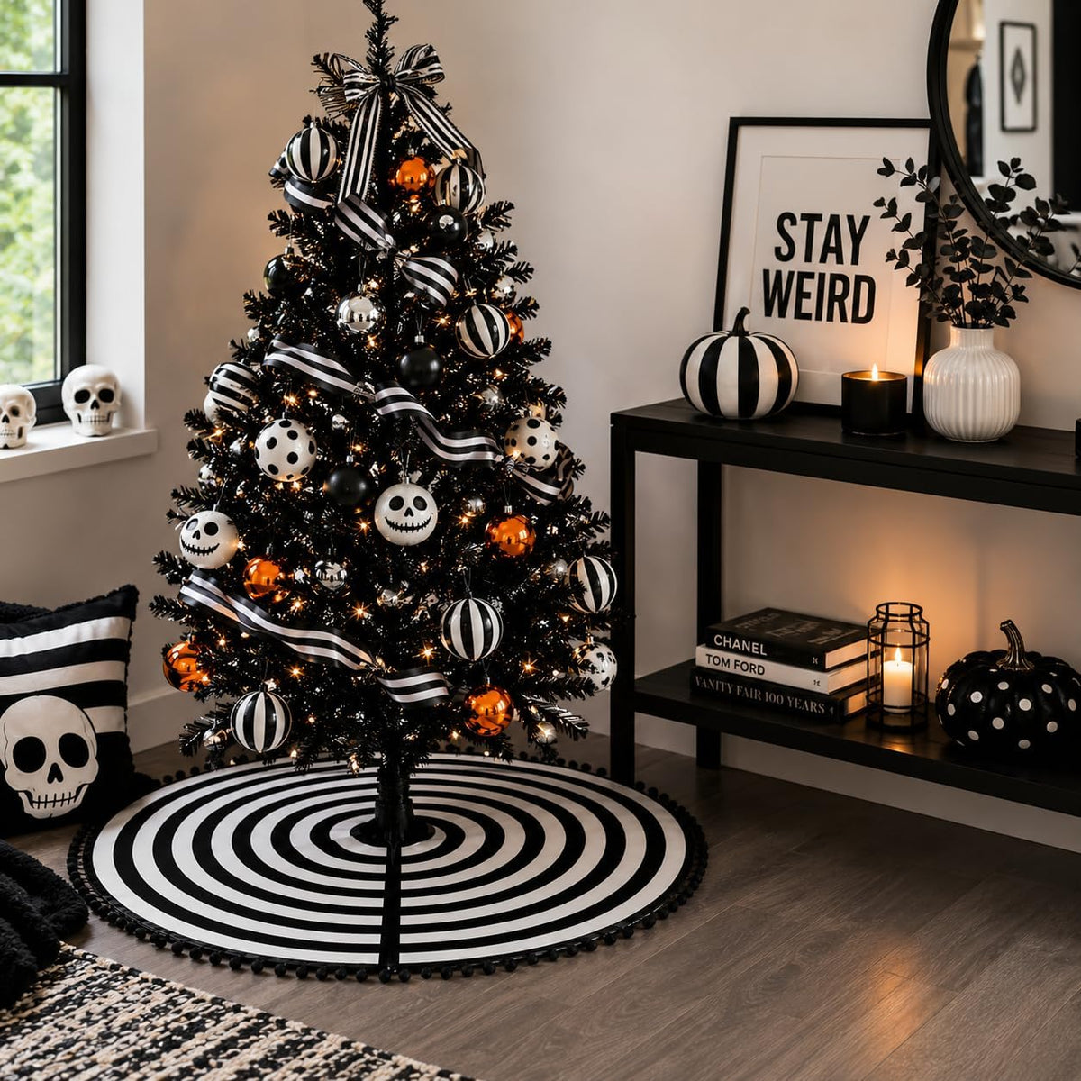 MACTING Christmas Black and White Tree Skirt, 30 Inch Annual Rings Tree Mat with Pom Poms for Xmas Tree Halloween Indoor Home Holiday Party Christmas Decorations