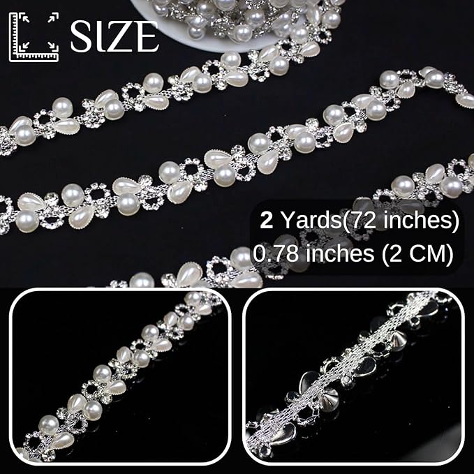 2 Yard Pearl Chain Silver Rhinestone Trim String Crystal Applique Fringe Ribbon Strips Beads Sewing Dress DIY Party Wedding Bouquet for Decoration Bridal Costume Embellishment