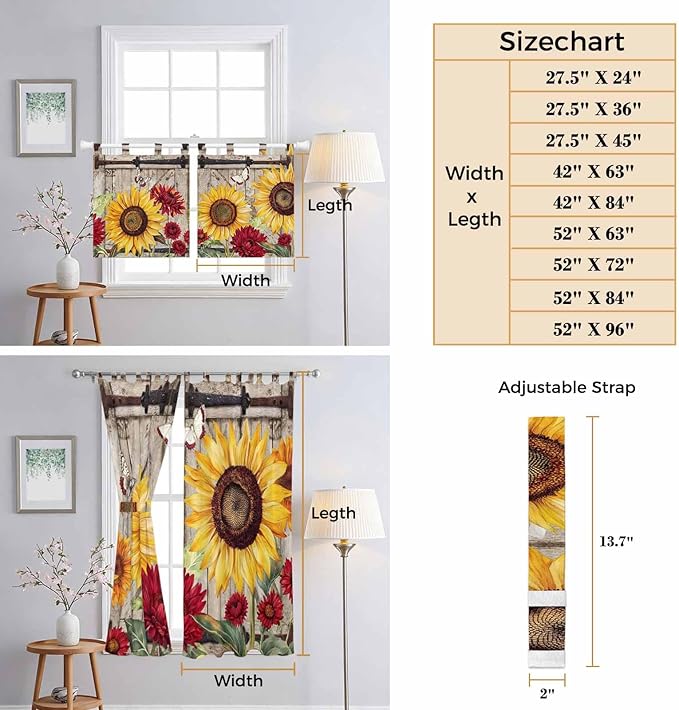 Sunflowers Living Room Curtains 84 Inch Length, Window Curtains Tab Top, Retro Flower Barn Doors Butterfly Farmhouse Brown Light Filtering Window Treatments Drapes 52"x84" 2 Panel