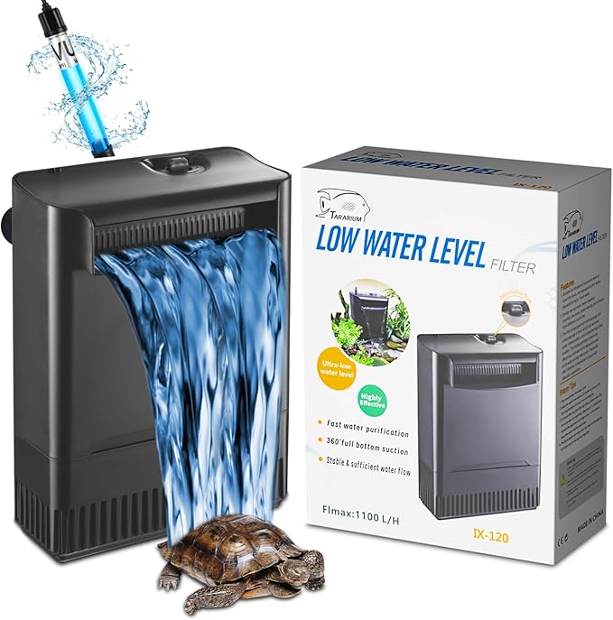 Turtle Tank Filter Aquarium Filter w/ Detachable U-V Light for 30-75Gal, Waterfall Flow Adjustable Low Water Level Internal Green Clean Machine Killing Deodorization Saltwater Freshwater Crystal Clear