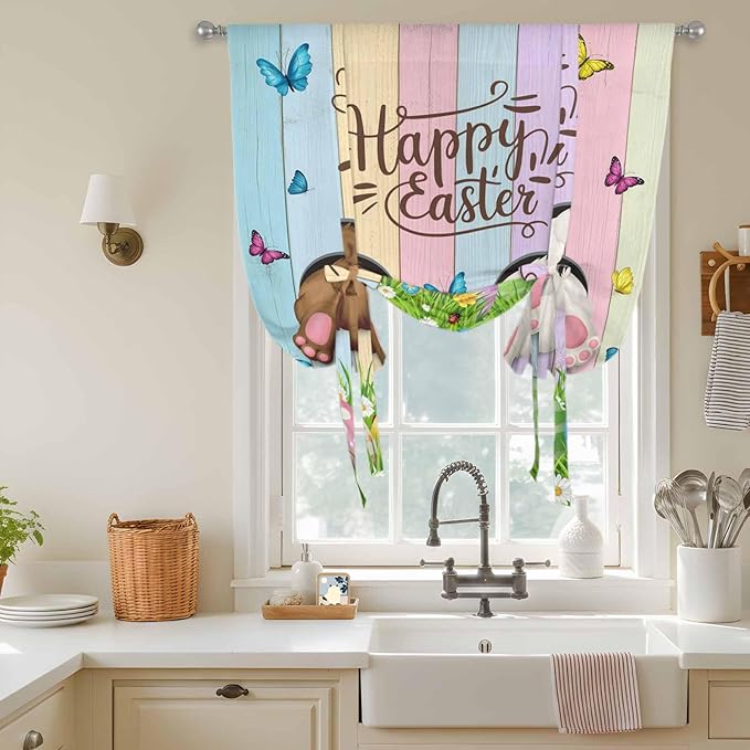 Tie Up Curtains,Happy Easter Rabbit Butt Egg on Daisy Leaf Adjustable Rod Pocket Window Shade Curtain Drape Bufferfly on Wood Barn Tie-Up Valance for Kitchen Bedroom Living Room Windows,42"x54"