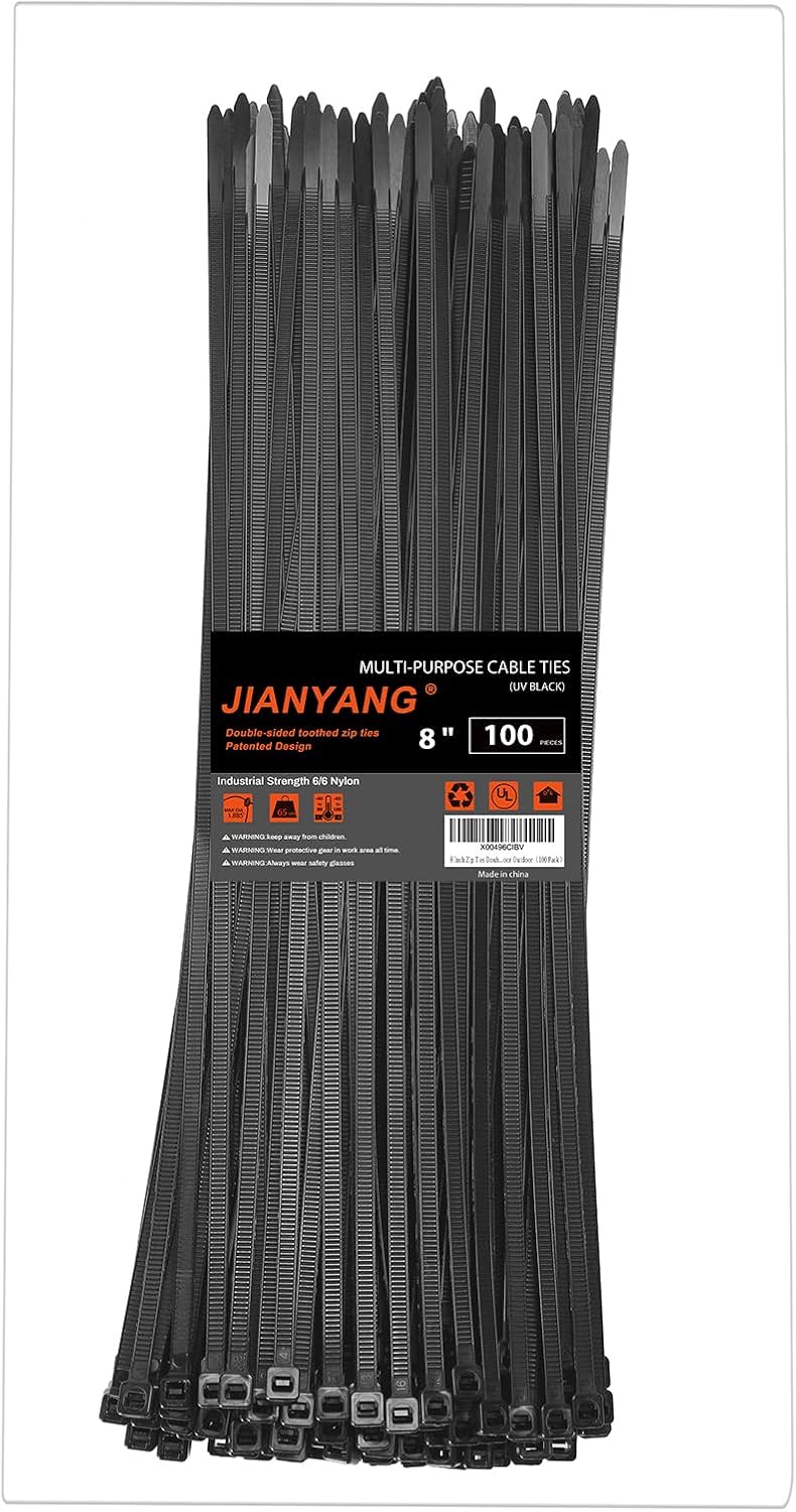 8 Inch Zip Ties Double Sided Toothed,65LBS Tensile Strength Heavy Duty Cable Wire Ties With Self-Locking Adjustable More Durable Nylon Tie Wraps for Indoor Outdoor(100 Pack)