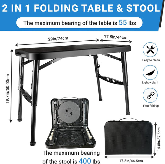 Portable Folding Table and Stool Set, Lightweight Foldable Table & Collapsible Stool for Camping Picnic Beach Fishing, Sturdy Small Outdoor Table with Mesh Layer Storage
