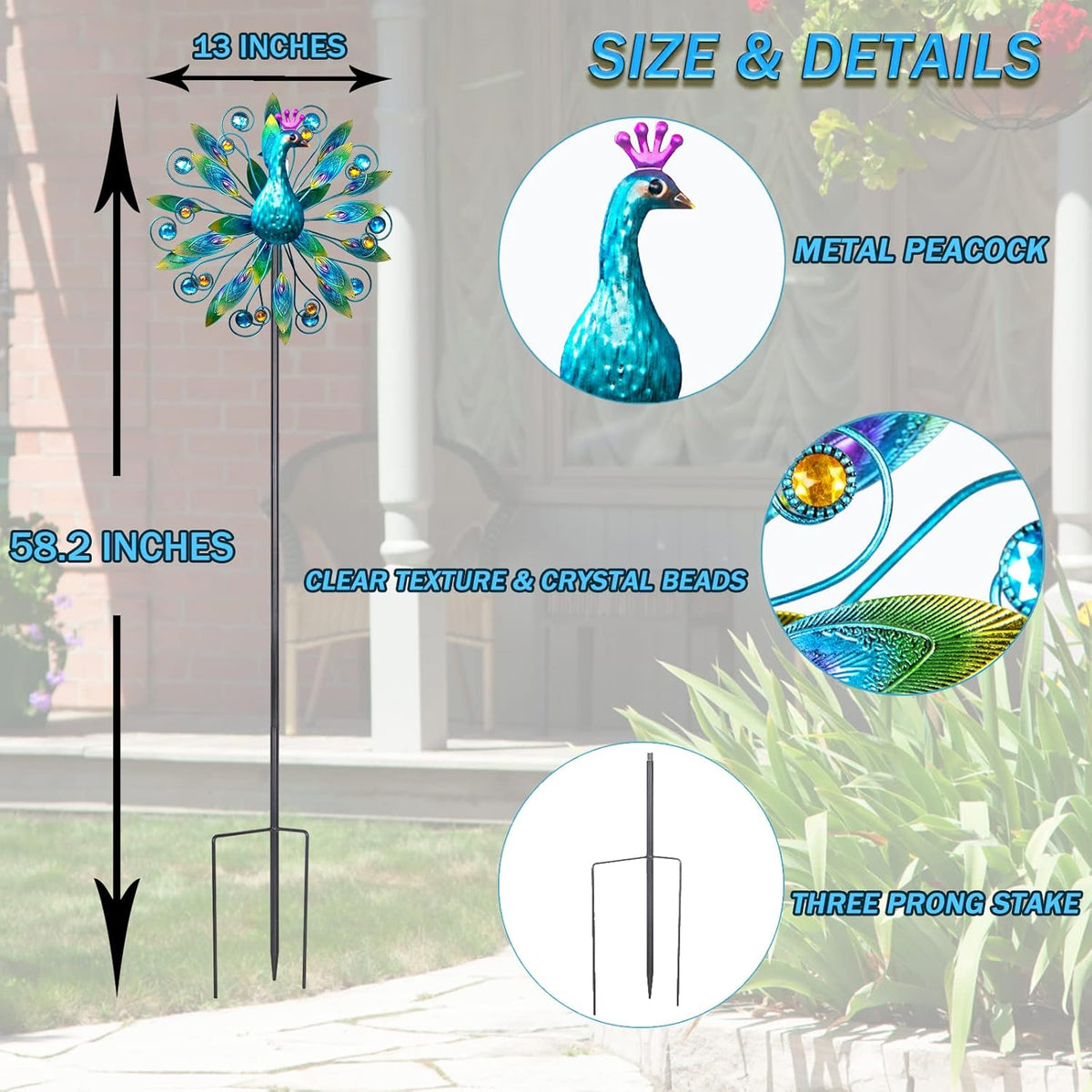 Outdoor Wind Spinner 58" Metal Peacock Wind Spinner Double Peacock Wind Sculpture for Garden Yard Patio Decoration