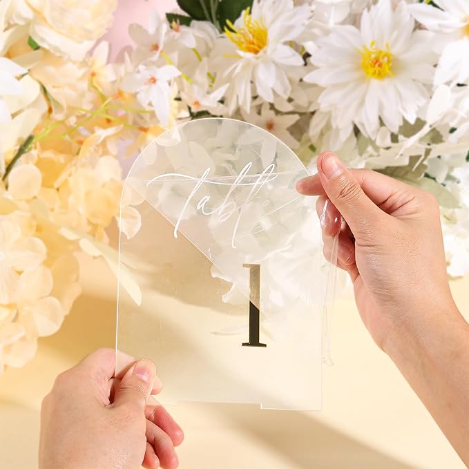 Arch Wedding Table Numbers 1-30 with Stands, Elegant Gold Number 5.5 x 7” Arch Acrylic Signs with Holder, Clear Acrylic Table Numbers for Wedding Reception, Anniversary, Party, Events