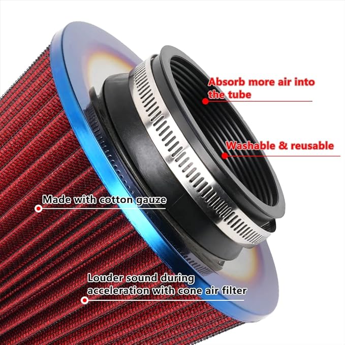 Cold Air Intake Filter, High Performance, Washable Filter, Clamp-On Replacement Air Filter, Flange Diameter 3inch/76mm Red