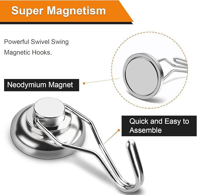 DIYMAG Swivel Swing Powerful Magnetic Hooks, 100LB (7 Pack) Strong Heavy Duty Neodymium Magnet Hooks Great for Grill, Refrigerator, Kitchen, Office-Length 68mm(2.67in), Diameter 32mm(1.26in)