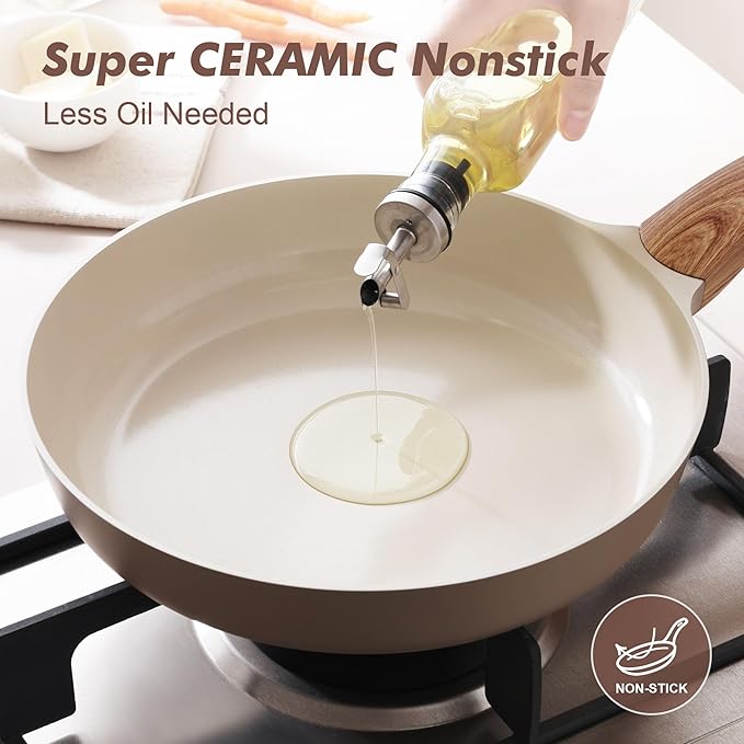 SENSARTE Ceramic Nonstick Frying Pan Skillet with Lid 9.5Inch Non Stick Egg Pan Omelette Pans, Non-toxic Kitchen Cooking Chef's Pan, Free of Intentionally Added PFAS/PTFE/PFOA, Induction Compatible