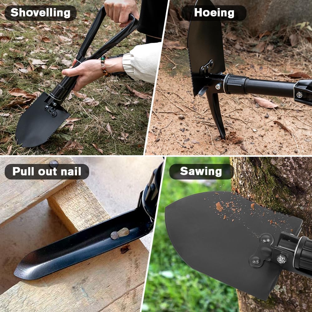 Large Folding Shovel, Overall Length 24Inches, Foldable Design with Portable Bag, Made of Durable Materials, Serrated Edge, for Camping, Hiking, Gardening, Fishing & Emergencies (Black)