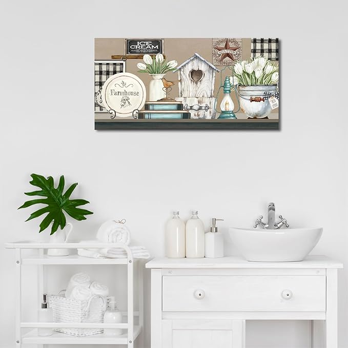 NINEASO Kitchen Wall Art Canvas - Rustic Country Pictures Farmhouse Wall Art Decor Vintage Objects Painting Artwork Retro Prints for Living Room Bedroom Home Decorations 20" x 40"