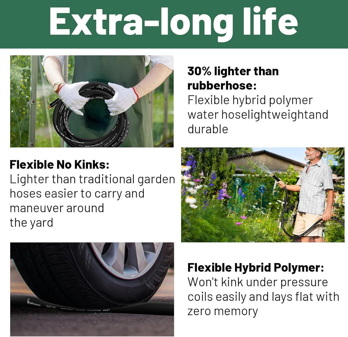 Short Garden Hose 5 ft x 5/8" Female to Female, Heavy Duty Small Water Hose Extend Connector, Leak-Free Connections Hybrid Rubber Leader Hose with 3/4" Double GHT Fittings, Black