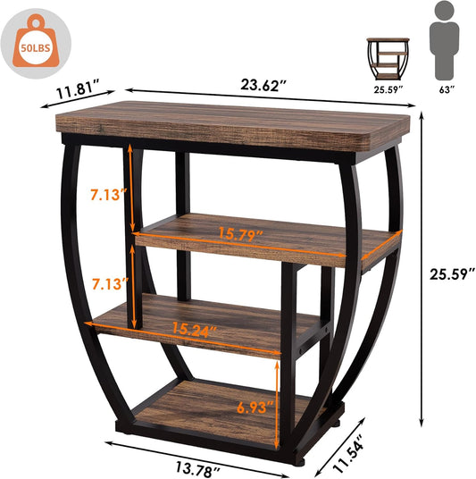 4-Tier End Table with Storage, Narrow Side Table for Living Room, Wood Sofa Side Table with Metal Frame, Industrial Bedside Table and Nightstand for Bedroom, Rustic Brown