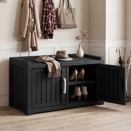 2-Tier Storage Bench, Waterproof UV-Resistant Outdoor Shoe Storage Cabinet ,Outdoor Shoe Rack with 2 Doors & Adjustable Shelves for Indoor Outdoor Entryway, Hallway, Living Room (Black)