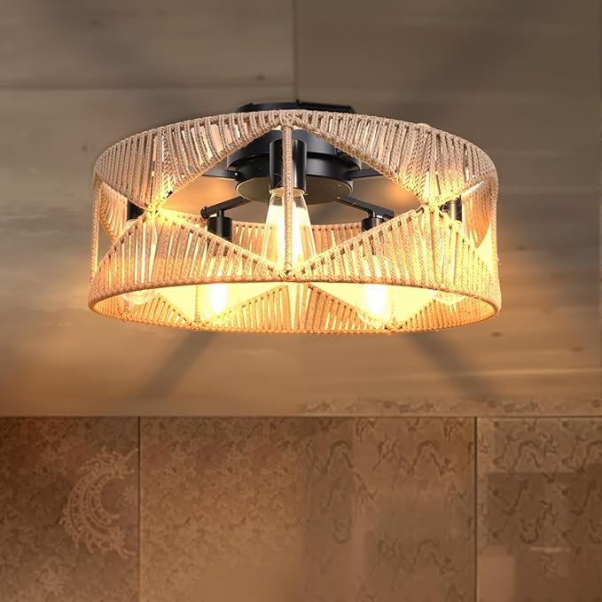 20 inch Boho Flush Mount Ceiling Light Fixture with 5-Light, Hand-Woven Rattan Chandelier with Integrated Metal Frame, Ceiling Light Hanging for Dining Room, Bedroom, Entryway, Living Room, Farmhouse