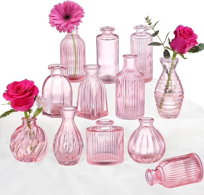 Pink Vase, Bud Vases Set of 12, Small Pink Glass Vases for Flowers Modern Ribbed Glass Bud Vase for Decor Wedding Flower Vase in Bulk Vintage Decor Bridal Shower Centerpieces Home Table Decoration