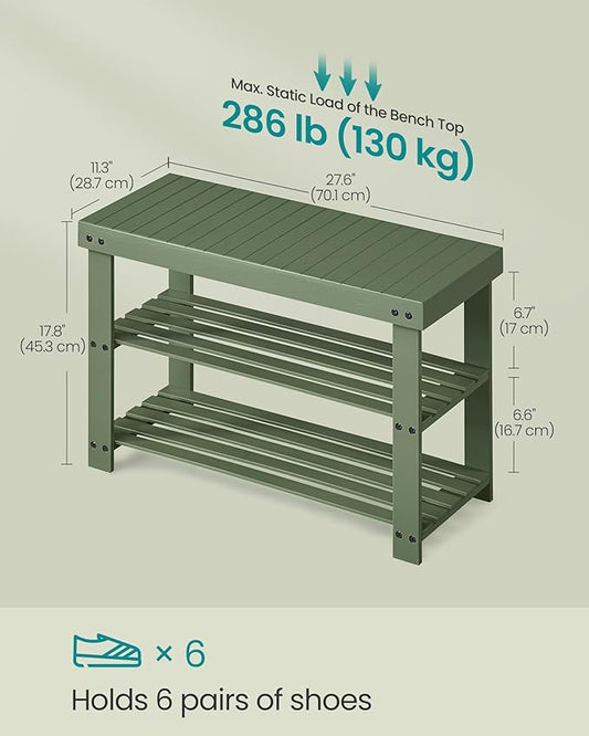 SONGMICS Shoe Rack Bench, 3-Tier Bamboo Shoe Storage Organizer, Entryway Bench, Holds Up to 286 lb, 11.3 x 27.6 x 17.8 Inches, for Entryway Bathroom Bedroom, Forest Green ULBS004C01