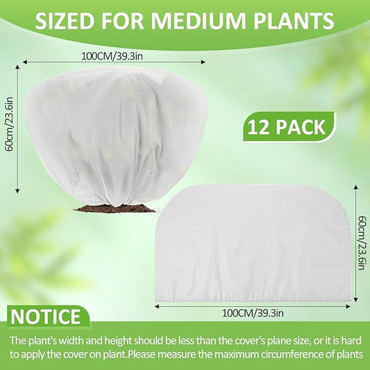 12 Pcs Winter Plant Covers Freeze Protection 39.4x23.6 Inch Horizontal Shrub Tree Rose Plant Protection Bags Frost Blanket with Drawstring for Fall Winter Outdoor Garden Planting (White)