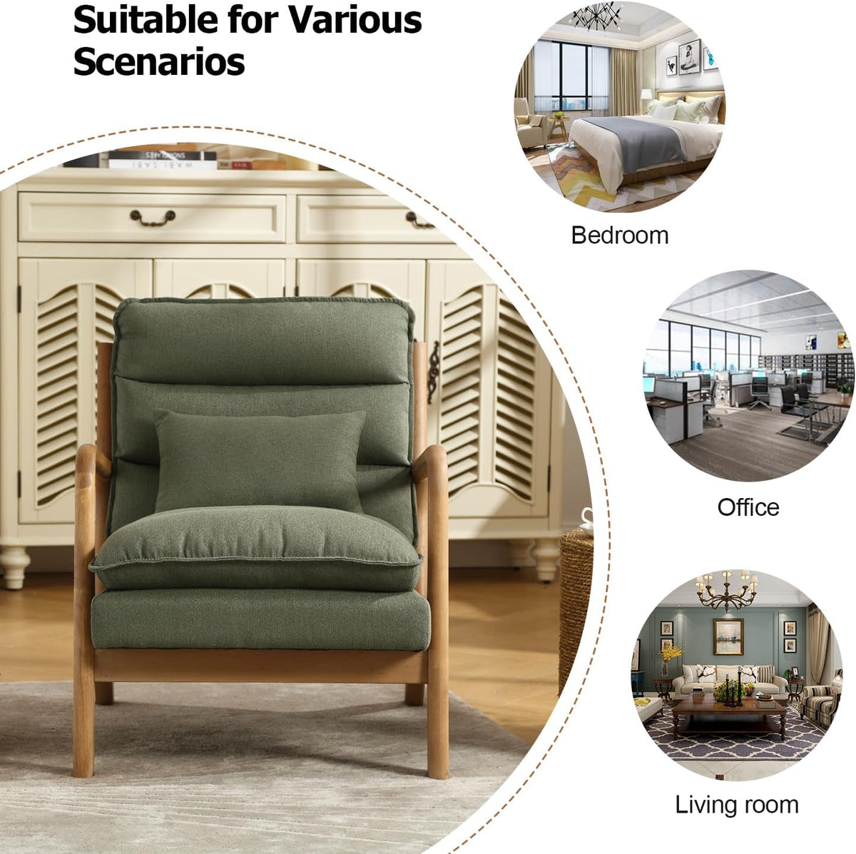 INZOY Mid Century Modern Accent Chair with Wood Frame, Upholstered Reading Armchair with Waist Cushion, Double Padded Accent Chair, Side Chair for Living Room Bedroom Office, Easy Assembly, Green