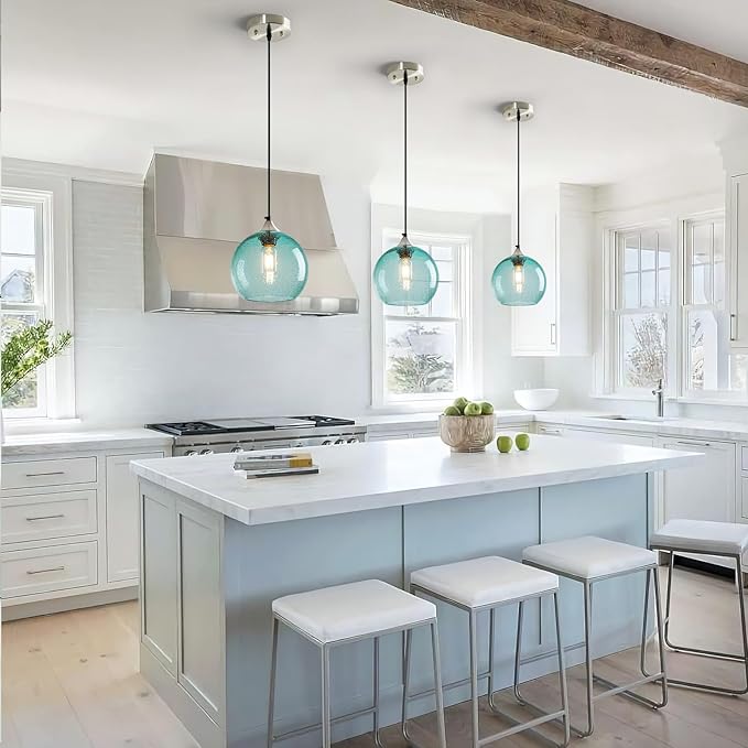 Light Blue Glass Pendant Lights Kitchen Island Lighting Globe Pendant Light Fixtures Modern Pendant Lighting for Bedroom Living Dining Room Light Fixture (7.87 in, 1 Pack)