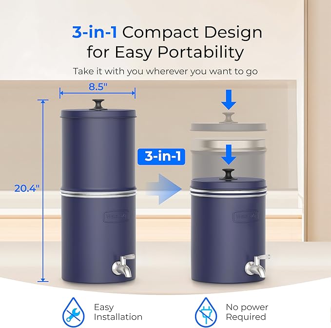 Waterdrop 2.25G Gravity Water Filter System, NSF/ANSI 42&372 Standard, Stainless Steel System with 2 Carbon Filters, Reduces 99% of Lead and Chlorine for Home, Camping, Emergencies, King Tank, Blue