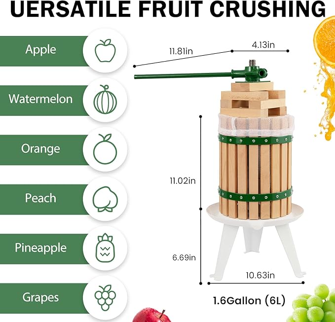 CAELUM Fruit Wine Press, 1.6 Gallon Wood Fruit and Cider Press Squeezer With T-Handle, Juice Maker, Wine Making Press Squeezer for Outdoor, Kitchen(Green)